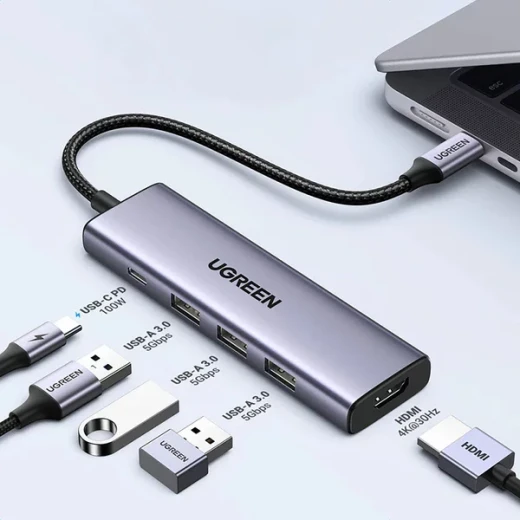 محول يو جرين CM511 5 في 1 USB-C، 3x USB-A 3.0، HDMI، USB-C PD، رمادي - يوجرين - Image 8